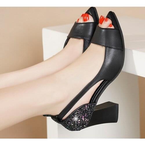 2020 Women Sandals Summer Thick Heel Sequins Patent Leather Hollow-out Toe-exposed Sexy Shoes Fish Mouth High Heels for Women