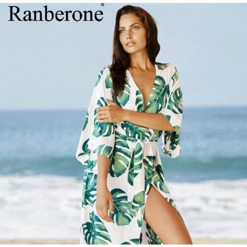 Ranberone Sexy Beach Dress Swimwear Women Beach Cover Up Cardigan Swimwear Bikini Cover Ups Robe Plage Print Bathing Suit