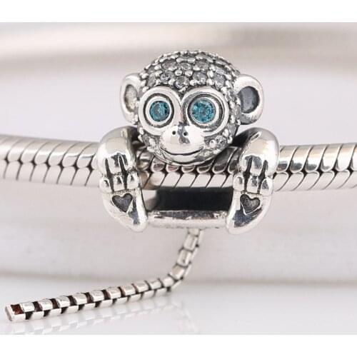 Authentic S925 Bead DIY Jewelry Sparkling Monkey Charm fit Lady Bracelet Bangle Girl Birthday Gift Clear CZ