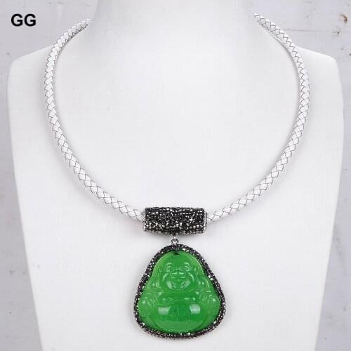 GG Jewelry 19" Natural Color Green Jades Buddha Pendant CZ Paved White Leather Necklace For Women