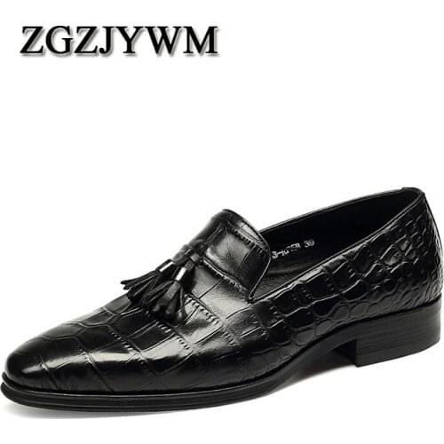 ZGZJYWM Men Genuine Leather Crocodile Pattern Black/Blue Slip-On Tassel Dress Pointed Toe Wedding Men Formal Oxford Shoes