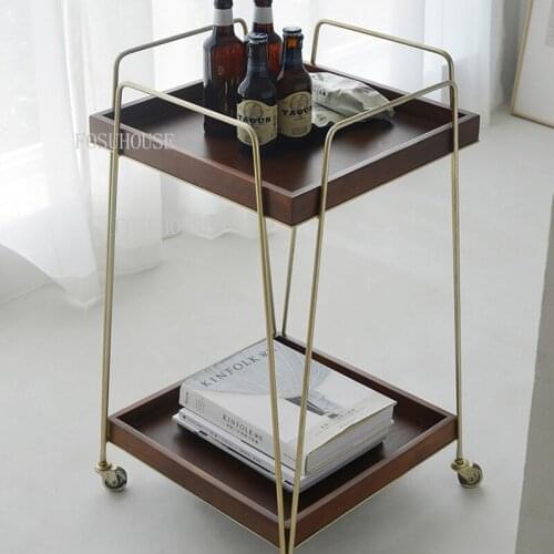 Nordic Iron Kitchen Trolleys Home Furniture Double-layer Dining Room Island Cart Living Room Sofa Hotel Side Table with Wheels