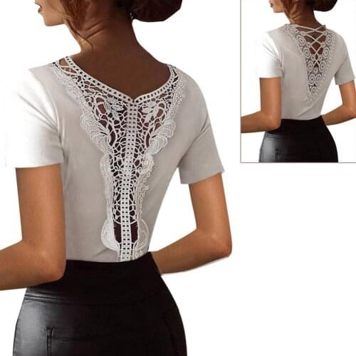 Women Summer Shirt Solid Color Back Hollow Skin-friendly Lace Decor V-Neck T-shirt for Home футболка женский 2021
