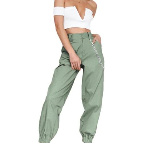 60%HOT Women Solid Color Loose Elastic Pocket Cargo Pants Harem Trousers with Chain