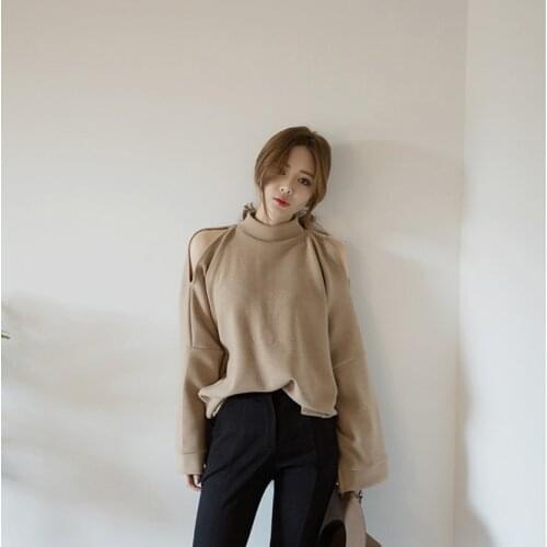 Female Korean style sweatshirts half turtle neck elegant solid pullover sexy off shoulder tops loose casual fashion street wear