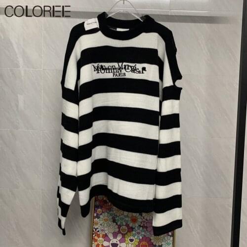 Autumn Winter Casual White Black Striped Sweater 2021 Korean Style Women Oversize Pull Femme Vintage Letter Embroidery Top Mujer