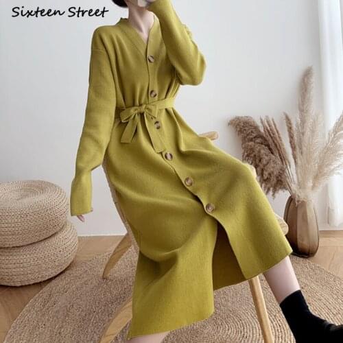Green Woolen Maxi Dress for Women V-neck Single-breasted Clothing Autumn Winter Elegant Knitted Dress Vestido Long Knitwear