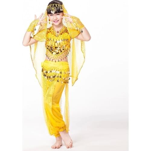 2018 Designer Indian Bollywood Dancing 5-piece Set Coins Headpiece, Top, Belt and Pants Sequin Sleeves Kids Belly Dance Costumes