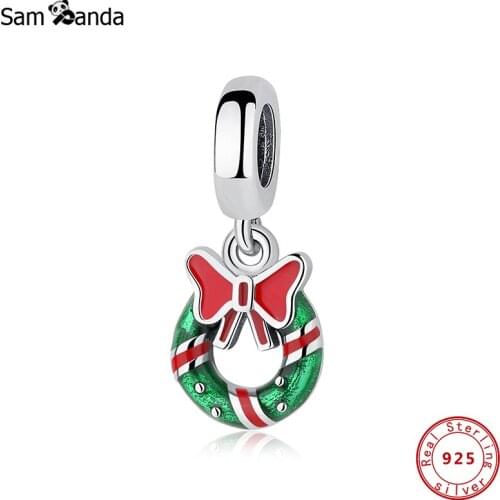 2020 100% Original 925 Sterling Silver CZ Charms Christmas Wreath Pendant Fit Bracelets DIY Women Christmas Gift Jewelry
