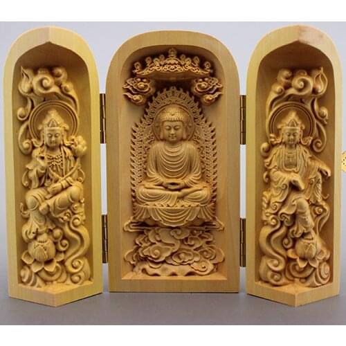 Exquisite Boxwood Carving Buddha Statue Three Open Box Wood Crafts Ornaments Boutique God Ornaments