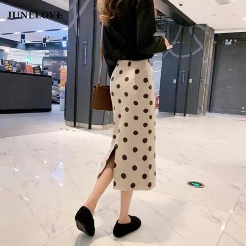 JuneLove Women Winter Elastic Split Knitted Skirts Vintage Dot Female Straight Skirt Casual Street Lady Warm Midi Skirts Bottoms