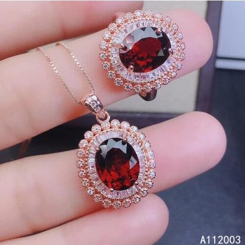KJJEAXCMY Fine Jewelry 925 sterling silver inlaid natural garnet female ring pendant set beautiful Support detection