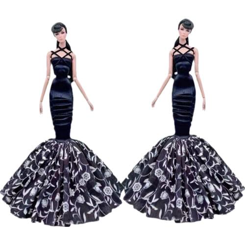 Classic Black Floral Fishtail Wedding Dress 30cm Doll Outfits for Barbie Clothes Princess Gown 1/6 Dollhouse Accessory Kids Toys