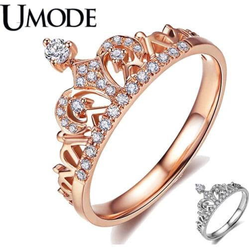 UMODE CZ Crystal Fashion Rose Gold Crown Rings for Women White Gold Engagement Wedding Ring Jewelry Anillos Mujer Bague AUR0217