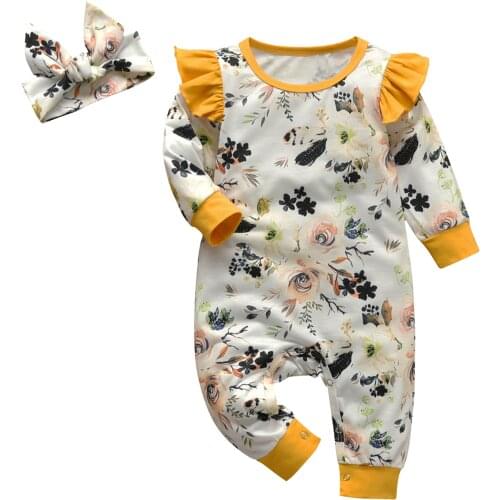 Hot Selling Baby Girl Vintage Floral Romper Clothes O-Neck Playsuit With Headband Long Sleeve Outfits For Infant Toddler Clothes