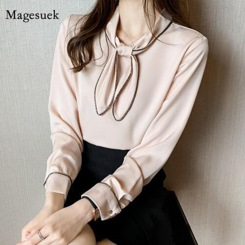 Fashion Chic Bowknot Chiffon Shirt Elegant Long Sleeve 2021 Spring Satin Top Office Lady Slim Solid Blouse Women Blusas 12857