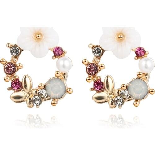 Trendy Korean New Colorful Rhinestone Wreath Stud Earrings For Women Sweet Flower Shell Small Cirlce Brincos Gift