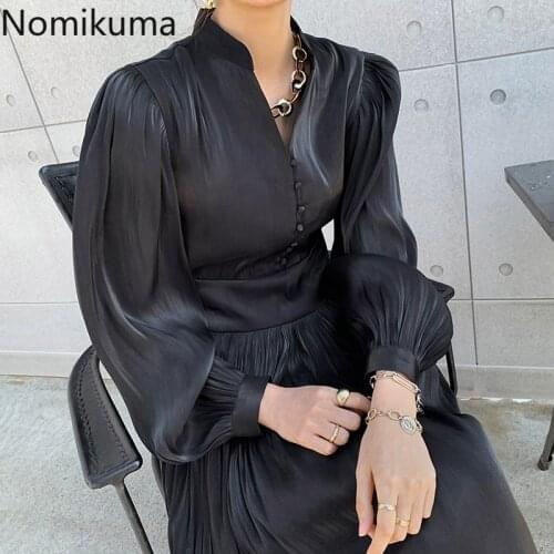 Nomikuma Korean Elegant Buttons Stand Neck Women Dress Lantern Long Sleeve Slim Waist A-line Dresses 2020 New Vestidos 6D439