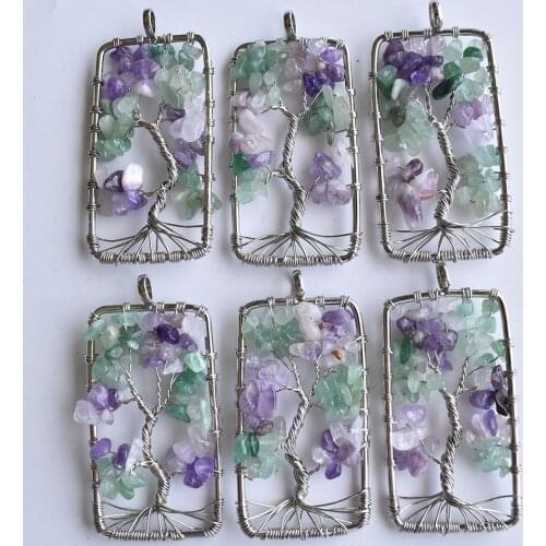 2020 new Natural Stone Amethysts Gravel Square Tree Of Life Pendant Necklaces Women Men Crystal Quartz Choker Jewelry 6pcs