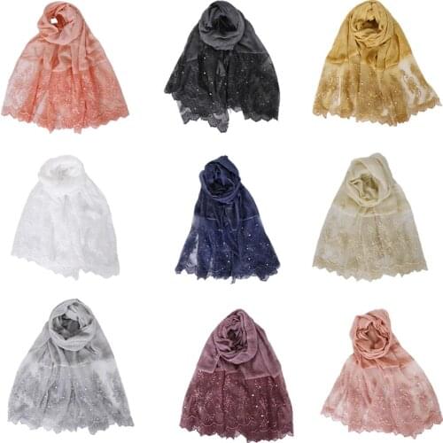 New Muslim Women Long Scarf Ethnic Lace Shawl Wrap Cotton Beading Beauty Pashmina Stole Islamic Turban Scarves Fashion 180*90CM