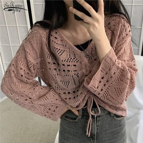 2021 Autumn Korean-Style Hollow-out Knit Women Shirts Casual Loose Solid Women Blouse V Neck Long Sleeve Ladies Clothing 10194