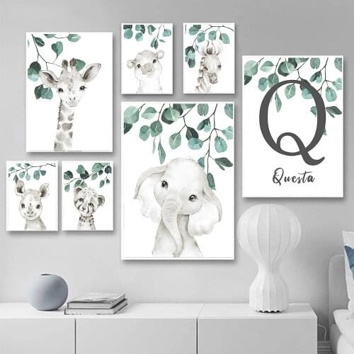 Personalized Baby Name Nursery Poster Print Eucalyptus Animal Wall Art Canvas Painting Zebra Giraffe Decoration Kid Room Picture