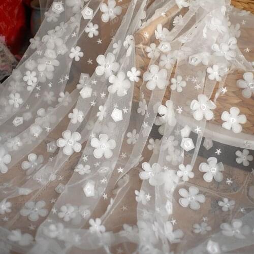 1Yard White Flower Embroidery Mesh Lace 3D Three-Dimensional Applique Childrens Clothing Wedding Dress Decoration Skirt Fabric