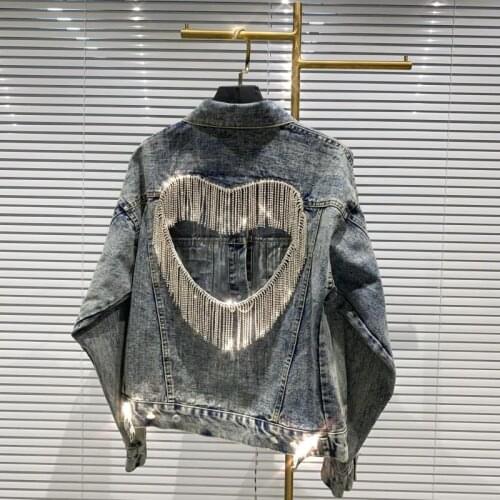 Spring new heart shape hollow out Rhinestone tassel heavy beading cowboy denim jacket chic high street jeans jacket coat women