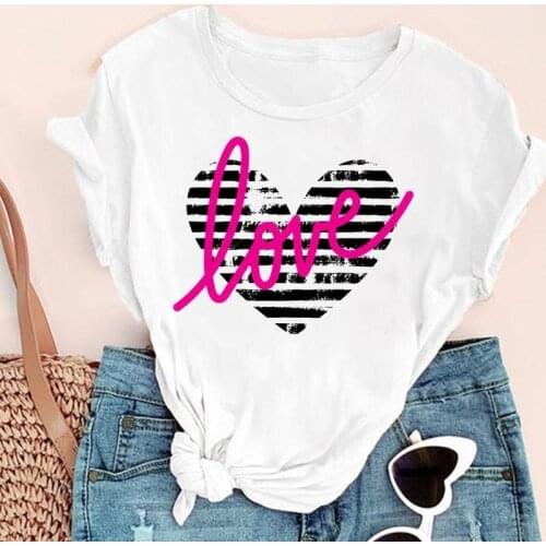 Women Cartoon Striped Letter Cute Watercolor Fashion Print Graphic Summer Short Sleeve Female Clothes Tops Tees Tshirt T-Shirt
