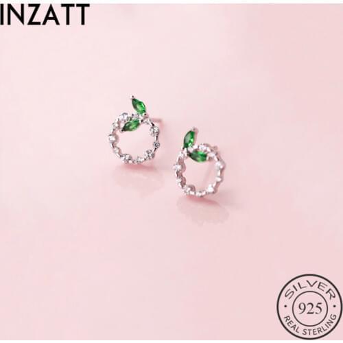 INZATT Real 925 Sterling Silver Zircon Round Crystal Leaves Stud Earrings Rose Gold Color Fashion Jewelry For Women Accessories