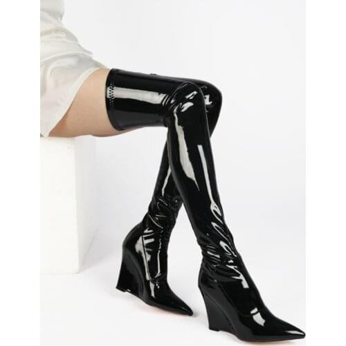 Womens Pointy Toe Genuine Leather Over The Knee Boots Wedge High Heel Riding Punk Long Slim Shoes Stretchy Plus Size 5Styles