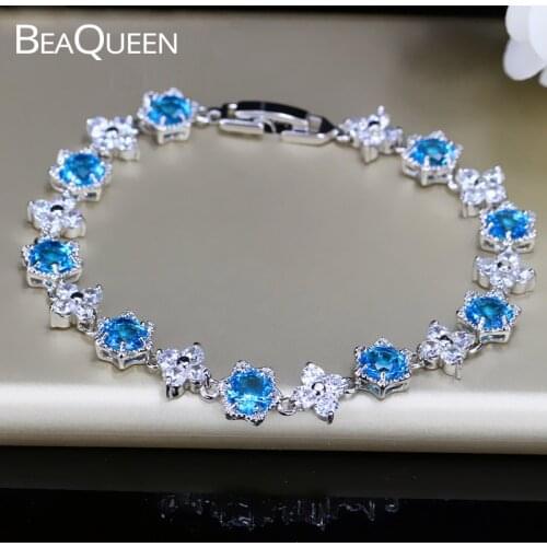 BeaQueen Elegant Star Shape Light Blue CZ Crystal Tennis Bracelets Women Four Leaf Flower Cubic Zirconia Female Jewelry B061