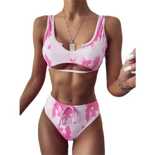 Women Bikini Set Tie Dyeing Pattern Padded Tops Hollow Out Designed High Waist Drawing Straps Swimming Bathing Suits