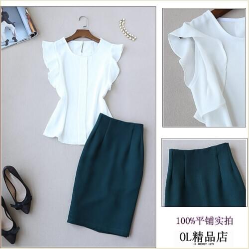 Fashion elegant pioneer 2 piece set women temperament Slim ruffled top chiffon shirt + skirt OL professional two-piece
