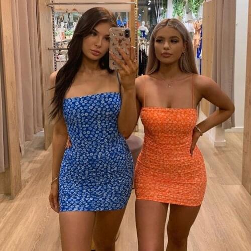 Womens Dress Floral Printed Square Neck Spaghetti Straps Tight Fitting Bodycon For Female Womens Dresses Summer Wear Robe 2021