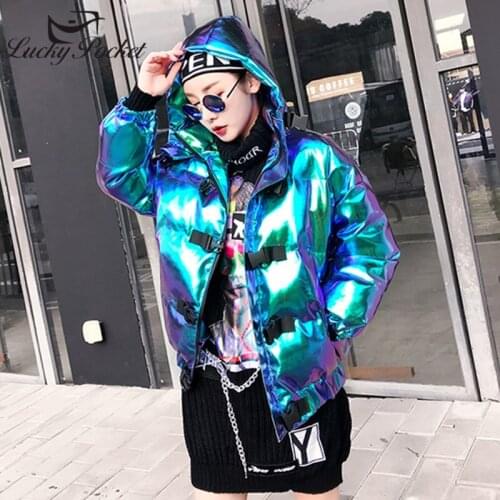 Winter Women Warm Thick Hooded Jacket Fashion Personality Laser Padded Coat Female Plus Size Street Style Harajuku Parkas ML100