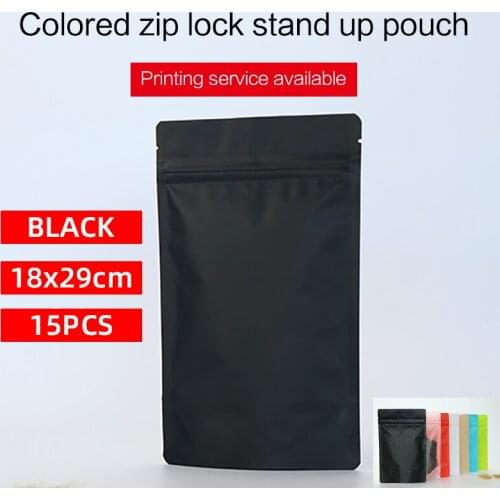18x29cm 15pcs matte black stand up pouch with zipper aluminum foil zip lock bag colored tea coffee bean food packaging bag