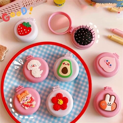 2021 Beauty Cute Cartoon Small Red Flower Air Cushion Comb Mirror Rabbit Avocado Pattern Mini Portable Airbag Foldable Mirror