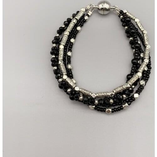 5 Strands of 4mm Black Onyx Bracelet With 3*4mm Black Crystals Antique Silver Beads Magnetic Clasp For Women Girls Gift 7.5 Inch