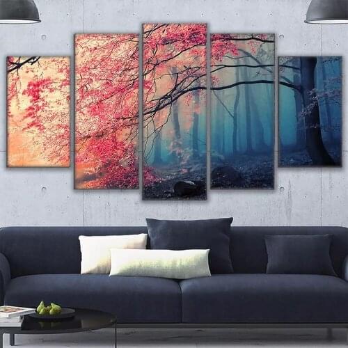 5 Pieces Cherry Blossoms Scenery Pictures Modular HD Prints Painting Wall Art Framework Red Tree Forest Canvas Poster Home Decor