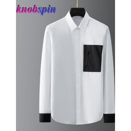 Brand Black And White Cuffs Stitching Pockets Men Shirt Long Sleeve Pure cotton Slim Chemise homme High-end Male Dress Shirts