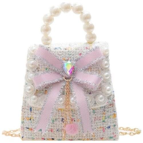 Canvas Kids Infant Messenger Bags Weaving Children Shoulder Bags Fashion Handbag for Baby Girls Pearl Toddler Girl Pink Cute Bag