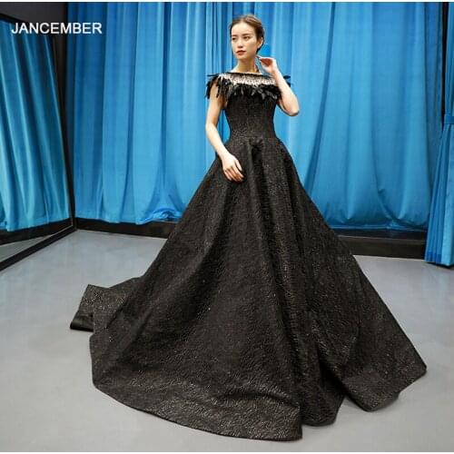 J66775 jancember black formal evening dresses for women feather o-neck A-line cap lace ladies evening gown with train שמלות ערב
