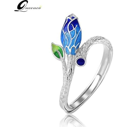 Retro Cloisonne Ring Inlaid Rings Flower Blue Bud Ring Ladies Bridal Accessories Wedding Engagement Gift
