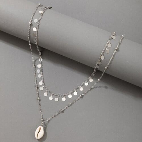 HuaTang Minimalist Shell Pendant Necklcae for Women Boho Double Layer Silver Color Sequins Choker Necklace Beach Jewelry 18447