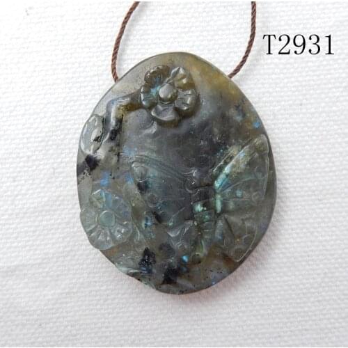 New Design Natural Stone Carved Flowers And Butterflies Labradorite Necklace Pendant 44x36x9mm 21.6g Semiprecious Stone Pendant