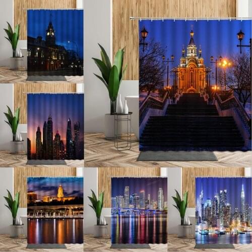 Blue Night View Shower Curtain Sets Modern City Building Scenery Bathroom Decor Waterproof Home Backdrop Printing Bath Curtains