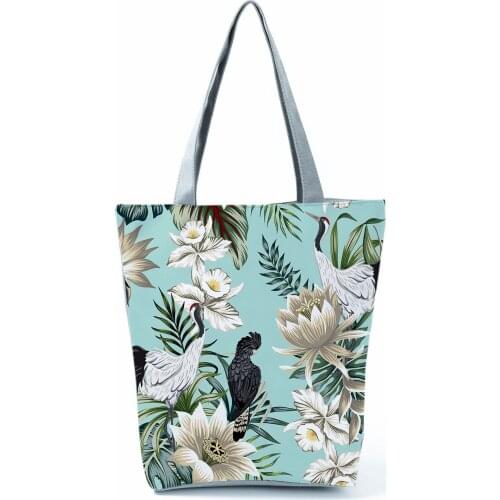 Animal Crane Floral Print Shoulder Bag Refreshing Fashion Tote Chinese Eco Friendly Handbag High Capacity Portable Shopping Bag