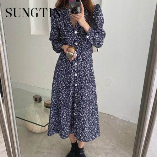 Sungtin Elegant Button Women Printed Floral Chiffon Dress Loose Female Chiffon Flower Dress 2021 Slim Waist Korea Vestidos Femme