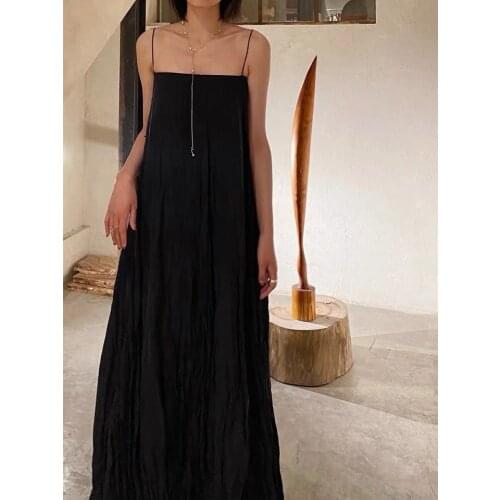 High quality solid color silk Thin Strappy Dress Sleeveless Pleated Long dress